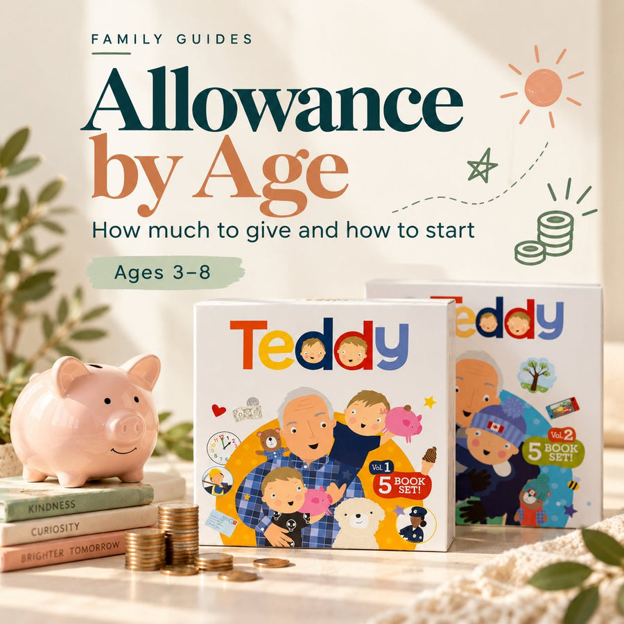 Allowance for kids by age 3 to 8, with a piggy bank, coins and the Teddy book sets