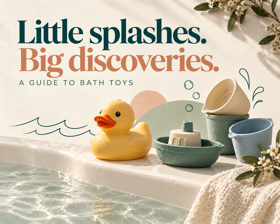 Little splashes. Big discoveries. Bath toys with a rubber duck, toy boat, pouring cups and hand-drawn waves.