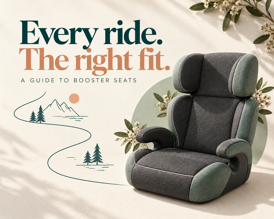 Every ride. The right fit. An editorial illustration with a high-back booster seat and a hand-drawn route.