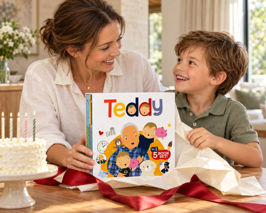 AI-created editorial scene of a mother and son unwrapping the Teddy Volume 1 book set as a birthday gift.