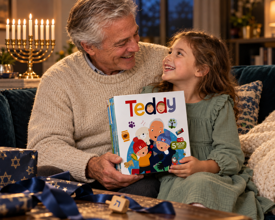 AI-created editorial scene of a grandfather giving his granddaughter the Teddy Volume 2 book set for Hanukkah.
