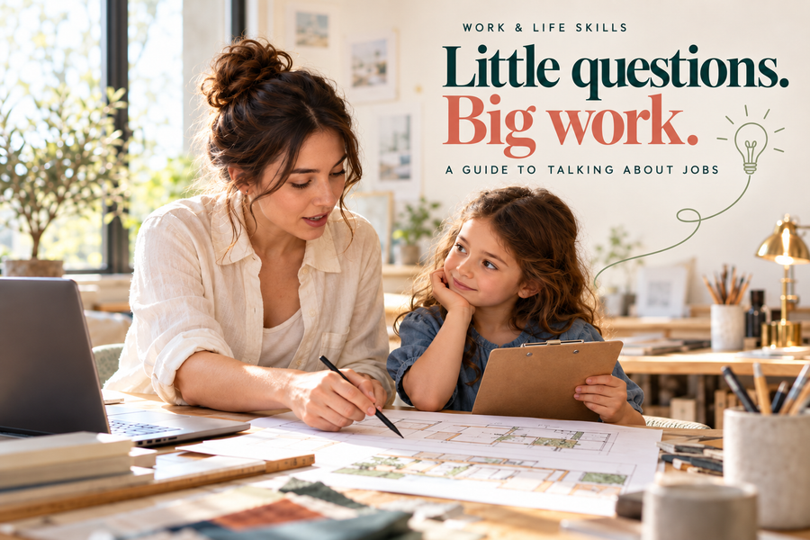 Mother explaining her creative job to her child with the words Little questions, Big work