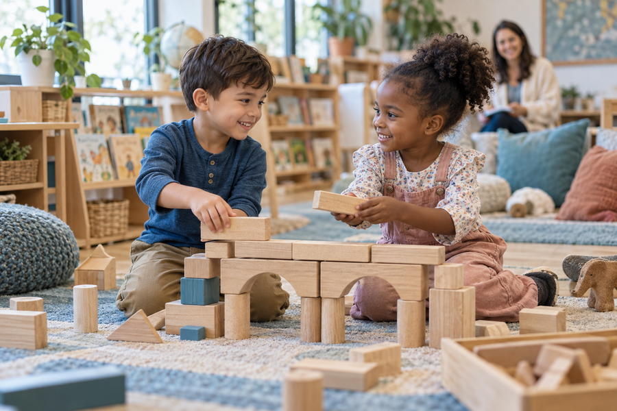 Kindergarten friends cooperating and building a wooden block bridge together