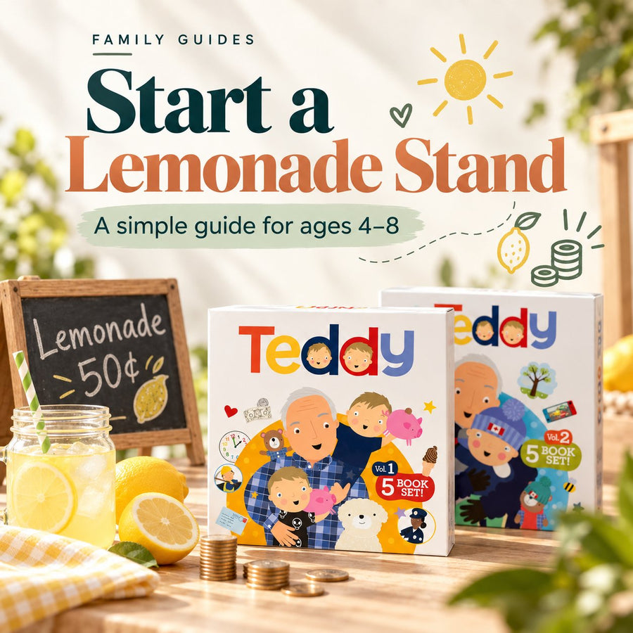 How to start a lemonade stand with kids ages 4 to 8, with lemonade, coins and the Teddy book sets