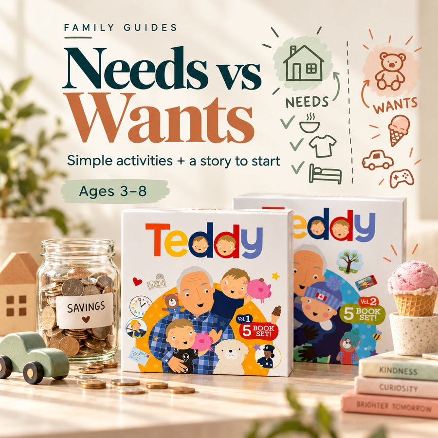 Needs vs wants for kids ages 3 to 8: simple activities and the Teddy Volume 1 and Volume 2 book sets