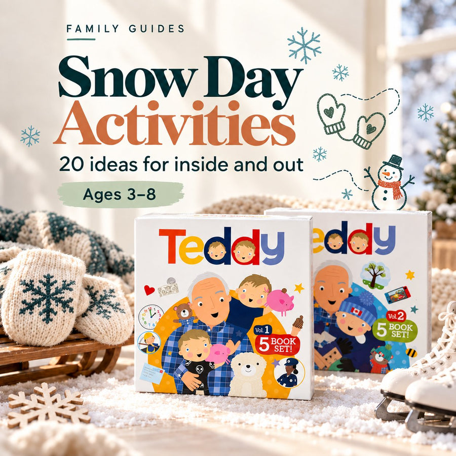 Snow day activities for kids ages 3 to 8, with mittens, a sled and the Teddy Volume 1 and Volume 2 book sets