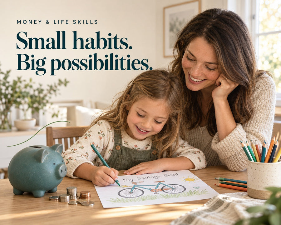 Mother and child drawing a savings goal beside a piggy bank. Small habits. Big possibilities.
