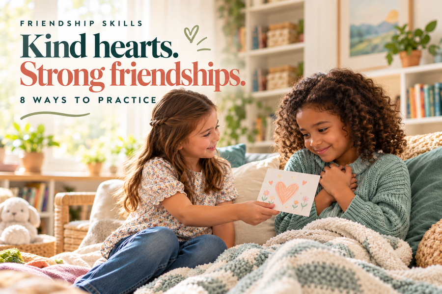 Two children sharing a handmade card with the words Kind hearts, Strong friendships