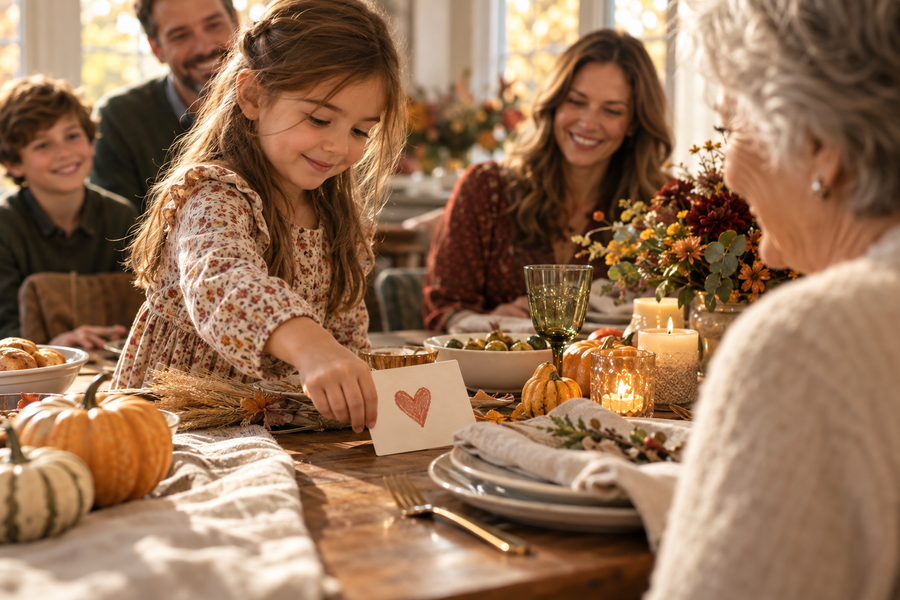 Child sharing a handmade gratitude card with family at Thanksgiving dinner