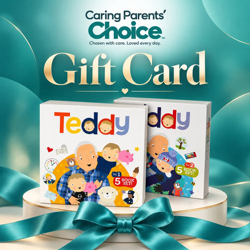 Caring Parents' Choice gift card with the Teddy Volume 1 and Volume 2 five-book sets wrapped with a teal ribbon