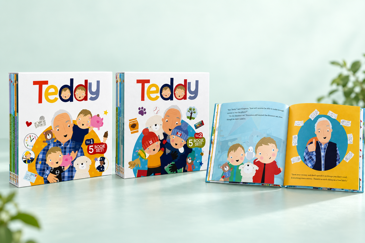 Teddy Volume 1 and Volume 2 with an open book