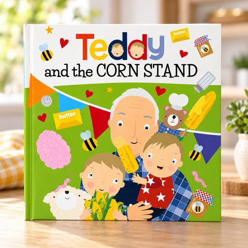 Teddy and the Corn Stand by Ryan Cohen, illustrated hardcover children's book about starting a first business, front cover