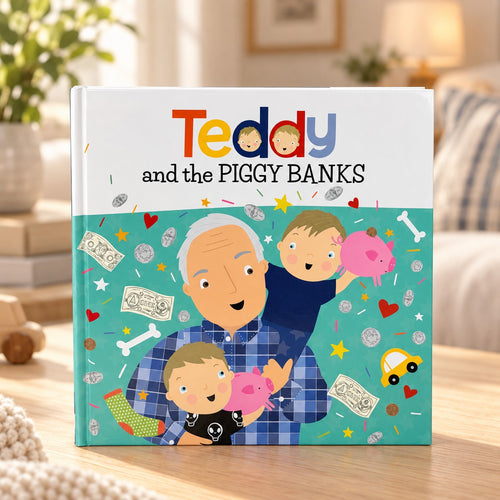 Teddy and the Piggy Banks by Ryan Cohen, illustrated hardcover children's book about saving money, front cover