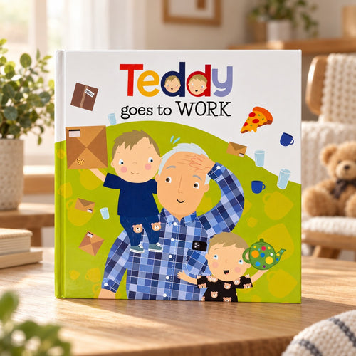 Teddy Goes to Work by Ryan Cohen, illustrated hardcover children's book about work, front cover
