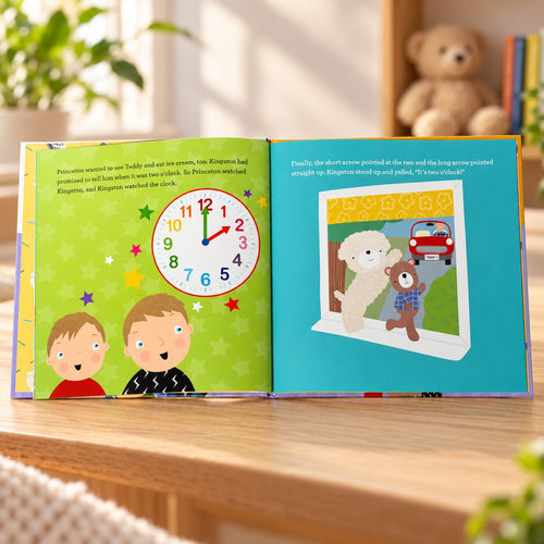 Inside pages: Kingston and Princeton learn to tell time while waiting for Grandpa Teddy
