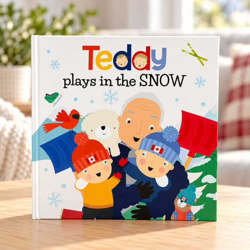 Teddy Plays in the Snow by Ryan Cohen, illustrated hardcover children's book about work before play, front cover