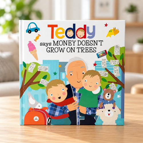 Teddy Says Money Doesn't Grow on Trees by Ryan Cohen, illustrated hardcover children's book about wants vs needs, front cover
